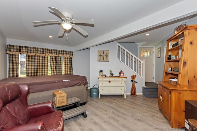 31 Bob White Way, Plainfield, CT 06354 - living room with stairs, light wood-type flooring, ceiling fan, and recessed lighting