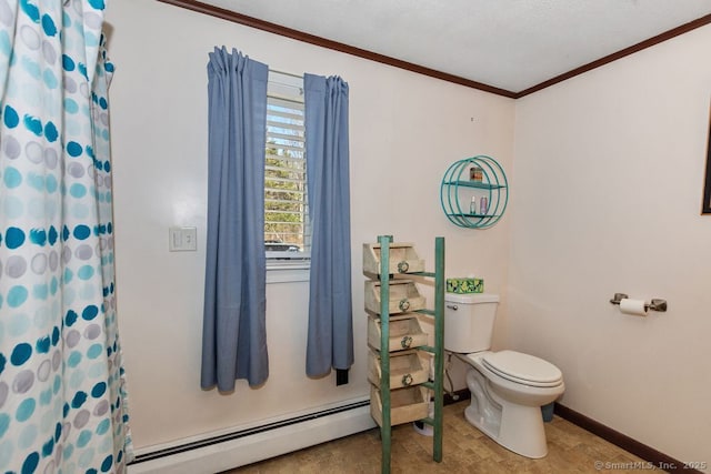 31 Bob White Way, Plainfield, CT 06354 - bathroom with a baseboard heating unit, crown molding, and a shower with shower curtain