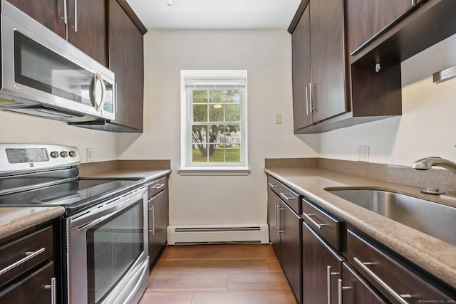 1060 New Haven Ave Apt 7, Milford, CT 06460 - kitchen featuring appliances with stainless steel finishes, a baseboard heating unit, dark brown cabinets, and dark wood-type flooring