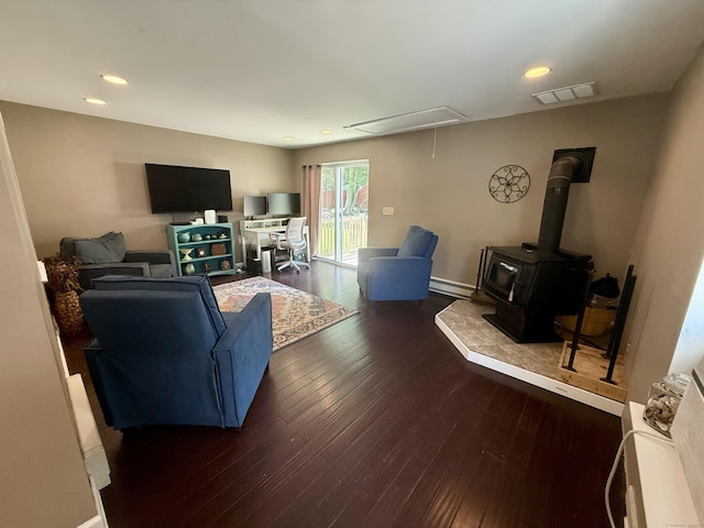 13 Myrna Dr, Marlborough, CT 06447 - living room featuring attic access, wood-type flooring, a wood stove, recessed lighting, and a baseboard heating unit