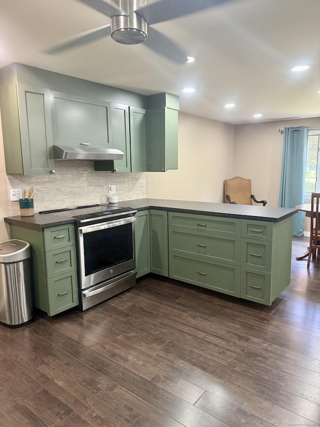 13 Myrna Dr, Marlborough, CT 06447 - kitchen with green cabinets, stainless steel electric stove, under cabinet range hood, dark wood-type flooring, and recessed lighting