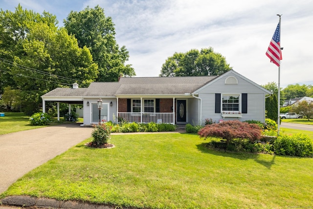 6 French St, Bristol, CT 06010 - single story home featuring a porch, asphalt driveway, a carport, a front yard, and brick siding