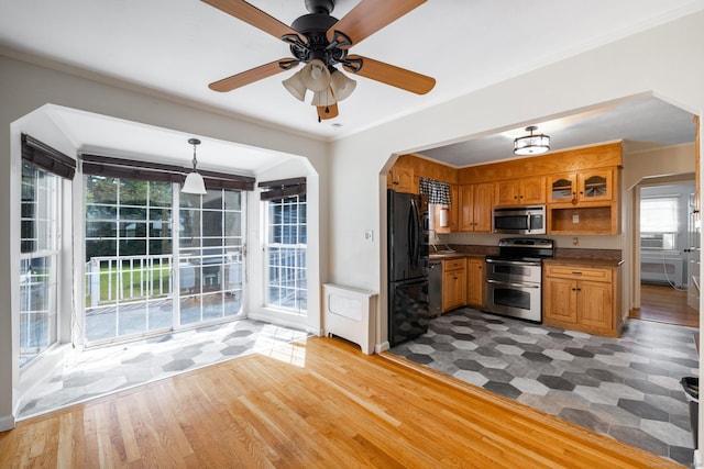 6 French St, Bristol, CT 06010 - kitchen with appliances with stainless steel finishes, dark countertops, healthy amount of natural light, a ceiling fan, and ornamental molding