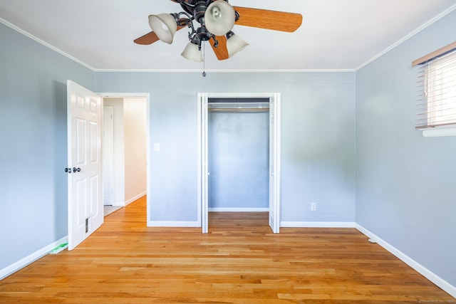 6 French St, Bristol, CT 06010 - unfurnished bedroom featuring light wood finished floors, a closet, ornamental molding, and ceiling fan
