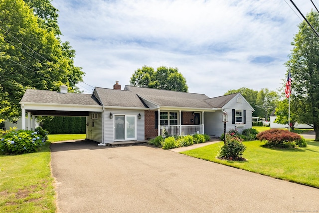 6 French St, Bristol, CT 06010 - single story home with covered porch, a front lawn, asphalt driveway, a chimney, and a carport