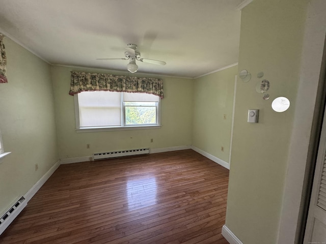605 Laurel Hill Rd, Norwich, CT 06360 - empty room with a baseboard radiator, ornamental molding, a ceiling fan, and hardwood / wood-style flooring