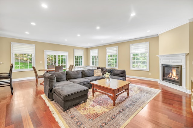 19 Woodlawn Dr, Trumbull, CT 06611 - living area with ornamental molding, light wood-style floors, recessed lighting, and a glass covered fireplace