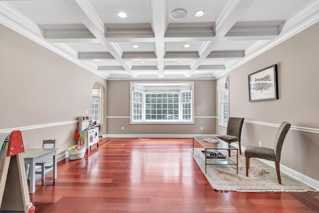 19 Woodlawn Dr, Trumbull, CT 06611 - living area featuring recessed lighting, beam ceiling, wood finished floors, coffered ceiling, and ornamental molding