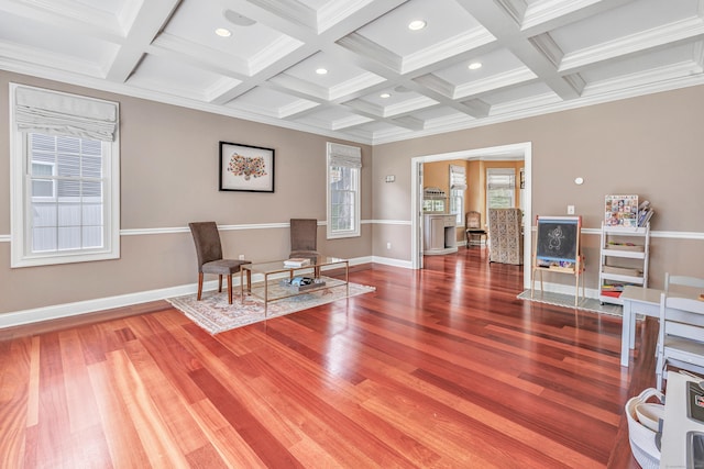19 Woodlawn Dr, Trumbull, CT 06611 - living area with coffered ceiling, wood finished floors, recessed lighting, and beam ceiling
