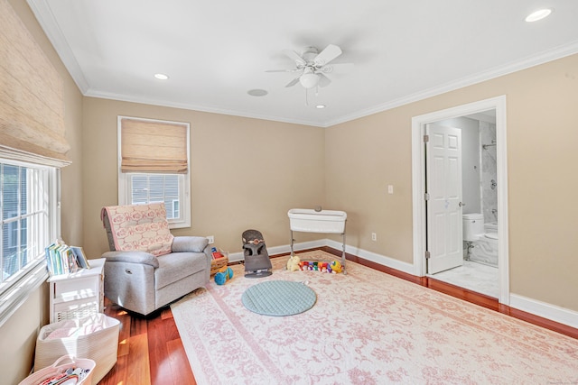 19 Woodlawn Dr, Trumbull, CT 06611 - sitting room with wood finished floors, a ceiling fan, ornamental molding, and recessed lighting