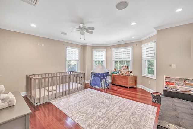 19 Woodlawn Dr, Trumbull, CT 06611 - bedroom featuring wood finished floors, ornamental molding, recessed lighting, and a ceiling fan
