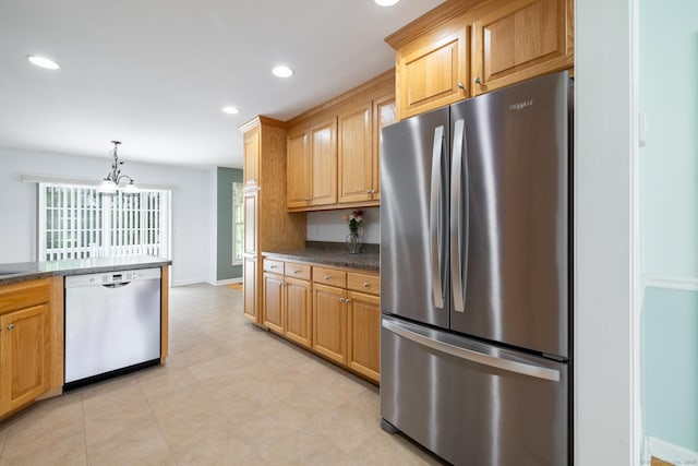 130 Bird Rd, Bristol, CT 06010 - kitchen with appliances with stainless steel finishes, dark countertops, a chandelier, recessed lighting, and pendant lighting