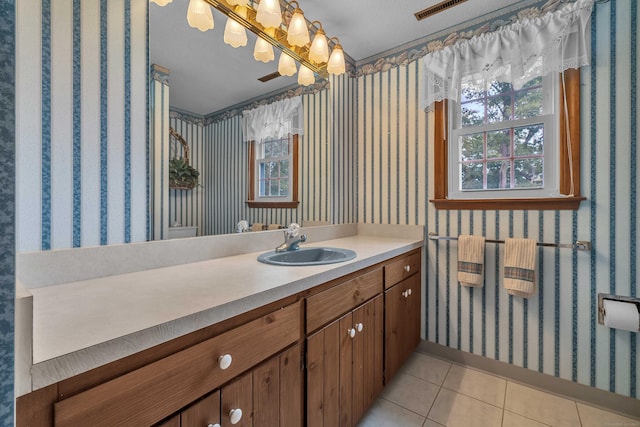 7 Sharon Ln, Old Saybrook, CT 06475 - bathroom featuring tile patterned flooring, vanity, and wallpapered walls