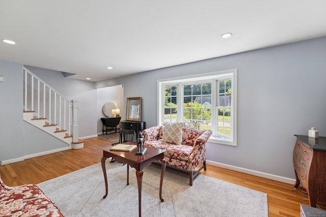 64 Red Top Dr, West Hartford, CT 06110 - living room featuring wood finished floors, stairway, and recessed lighting
