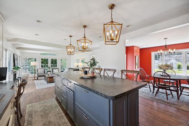 64 Red Top Dr, West Hartford, CT 06110 - kitchen featuring a chandelier, dark countertops, dark wood-style flooring, open floor plan, and recessed lighting
