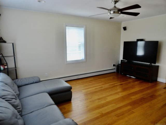 17 Ridge View Ter, New Hartford, CT 06057 - living room featuring ceiling fan, wood finished floors, and a baseboard radiator