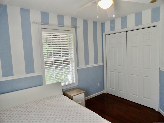 17 Ridge View Ter, New Hartford, CT 06057 - bedroom with wood finished floors, a ceiling fan, a closet, and wallpapered walls