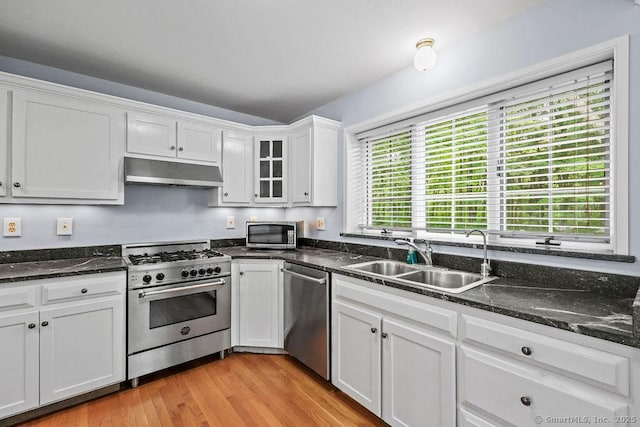 88 Powder Hill Rd, Middlefield, CT 06455 - kitchen featuring appliances with stainless steel finishes, under cabinet range hood, white cabinets, light wood-style flooring, and glass insert cabinets