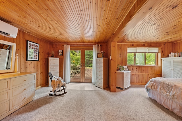 bedroom with multiple windows, wooden ceiling, access to exterior, wooden walls, and light colored carpet