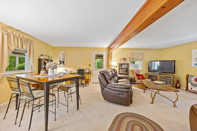 dining area featuring healthy amount of natural light, carpet, and a textured ceiling