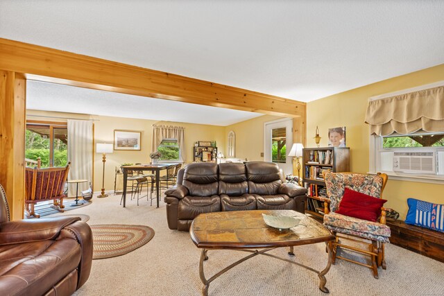 living room featuring carpet, plenty of natural light, and cooling unit