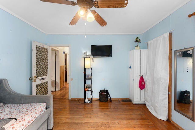 53 Columbus Ave, Bristol, CT 06010 - bedroom featuring light wood-type flooring, ornamental molding, and ceiling fan