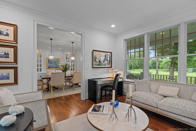206 Fox Hopyard Rd, East Haddam, CT 06423 - living area with dark wood-style floors, plenty of natural light, ornamental molding, recessed lighting, and a chandelier