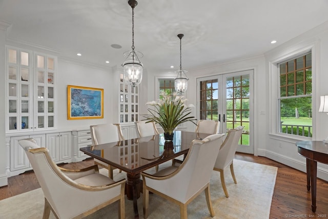 206 Fox Hopyard Rd, East Haddam, CT 06423 - dining space with a chandelier, wood finished floors, ornamental molding, recessed lighting, and french doors