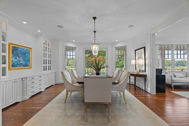 206 Fox Hopyard Rd, East Haddam, CT 06423 - dining space featuring dark wood-type flooring, recessed lighting, a chandelier, and crown molding