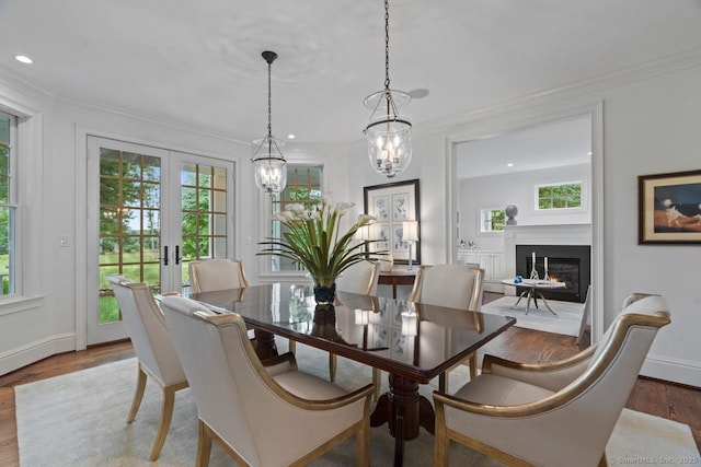 206 Fox Hopyard Rd, East Haddam, CT 06423 - dining space featuring french doors, healthy amount of natural light, crown molding, wood finished floors, and a glass covered fireplace