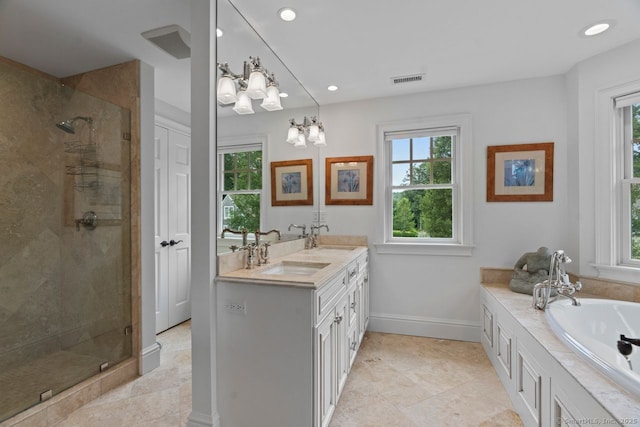 206 Fox Hopyard Rd, East Haddam, CT 06423 - bathroom with a shower stall, healthy amount of natural light, double vanity, and recessed lighting