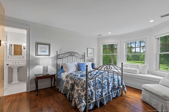 206 Fox Hopyard Rd, East Haddam, CT 06423 - bedroom with ornamental molding, wood finished floors, recessed lighting, and ensuite bath
