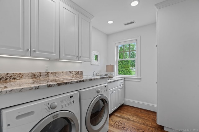 206 Fox Hopyard Rd, East Haddam, CT 06423 - laundry area with separate washer and dryer, cabinet space, dark wood-type flooring, and recessed lighting