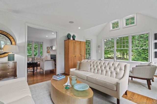 206 Fox Hopyard Rd, East Haddam, CT 06423 - living room featuring a warm lit fireplace, light wood-type flooring, recessed lighting, crown molding, and vaulted ceiling
