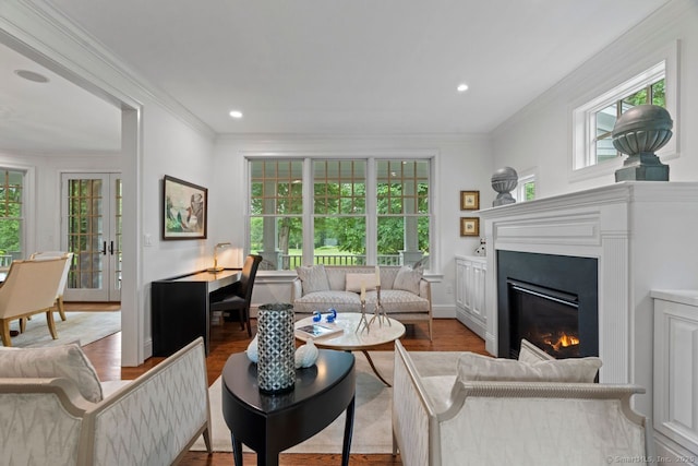 206 Fox Hopyard Rd, East Haddam, CT 06423 - living area featuring wood finished floors, plenty of natural light, a glass covered fireplace, crown molding, and recessed lighting