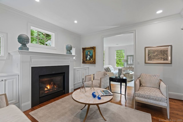 206 Fox Hopyard Rd, East Haddam, CT 06423 - living room featuring a glass covered fireplace, wood finished floors, crown molding, and recessed lighting