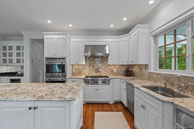 206 Fox Hopyard Rd, East Haddam, CT 06423 - kitchen with appliances with stainless steel finishes, range hood, dark wood-style flooring, white cabinets, and recessed lighting