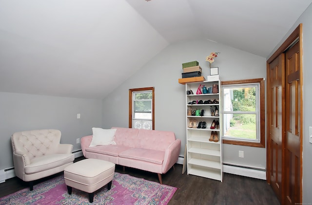58 Litchfield St, Thomaston, CT 06787 - sitting room featuring a baseboard heating unit, vaulted ceiling, dark wood-style flooring, plenty of natural light, and a baseboard radiator