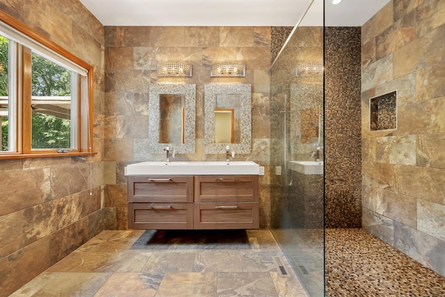 39 Beebe Rd, East Haddam, CT 06423 - bathroom with walk in shower, double vanity, and tile walls