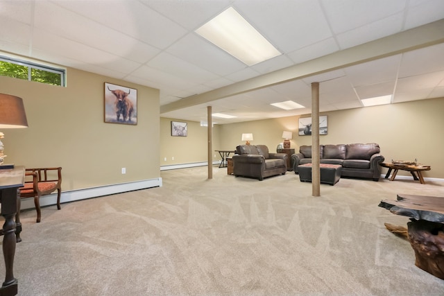 39 Beebe Rd, East Haddam, CT 06423 - carpeted living room with a paneled ceiling and a baseboard radiator
