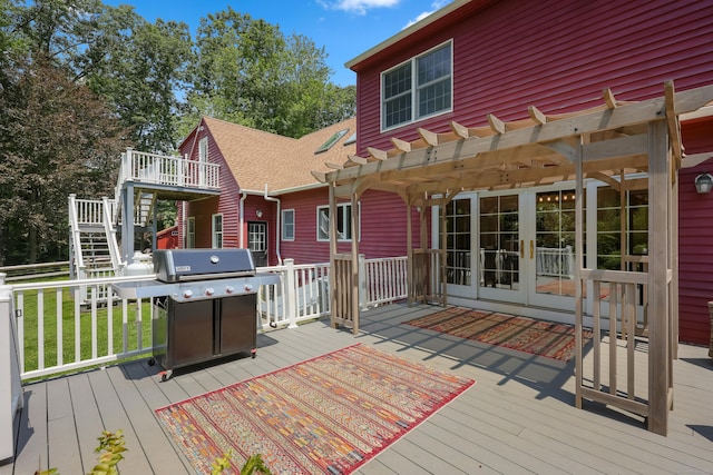39 Beebe Rd, East Haddam, CT 06423 - deck with grilling area, a pergola, stairway, and a lawn