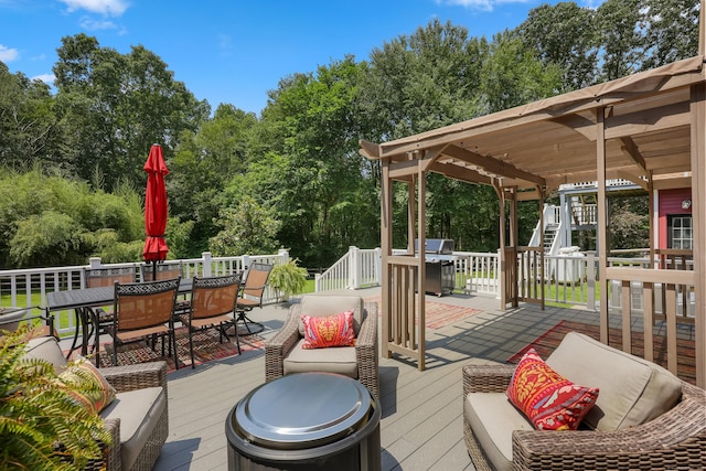 39 Beebe Rd, East Haddam, CT 06423 - wooden terrace featuring outdoor dining area, area for grilling, stairway, and view of scattered trees