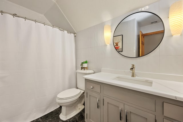 39 Beebe Rd, East Haddam, CT 06423 - bathroom featuring vanity, lofted ceiling, tile walls, and a shower with curtain