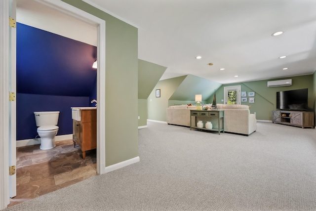 39 Beebe Rd, East Haddam, CT 06423 - living area featuring a wall mounted AC, carpet, recessed lighting, and lofted ceiling