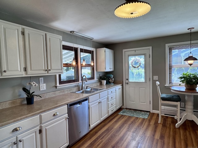44 Coolidge St, Windsor Locks, CT 06096 - kitchen featuring stainless steel dishwasher, dark wood-style flooring, white cabinets, and pendant lighting