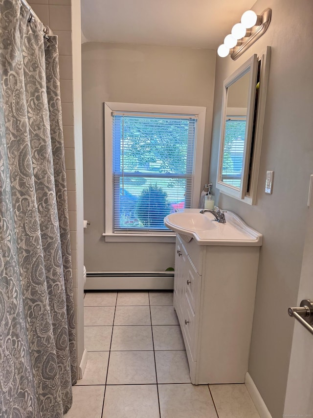 44 Coolidge St, Windsor Locks, CT 06096 - bathroom featuring a baseboard heating unit, vanity, tile patterned flooring, and a shower with shower curtain
