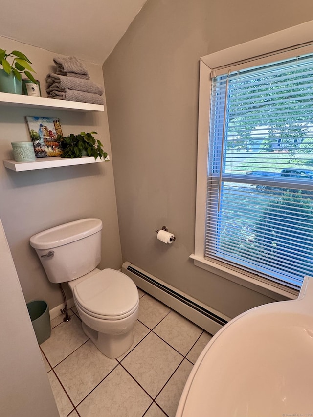 44 Coolidge St, Windsor Locks, CT 06096 - bathroom featuring a baseboard radiator, tile patterned floors, and lofted ceiling