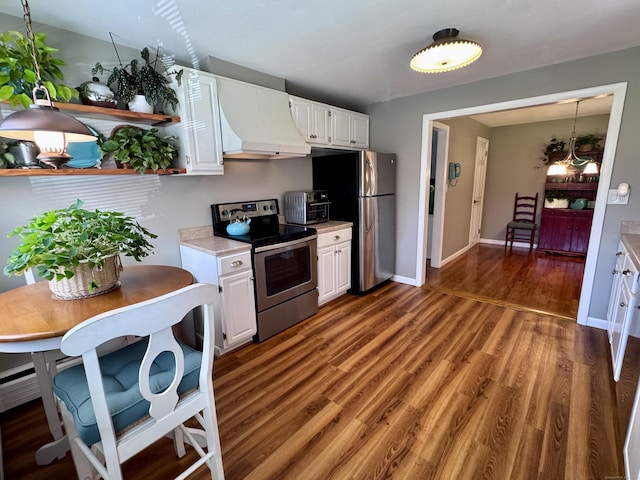 44 Coolidge St, Windsor Locks, CT 06096 - kitchen featuring stainless steel appliances, premium range hood, light countertops, white cabinets, and wood finished floors