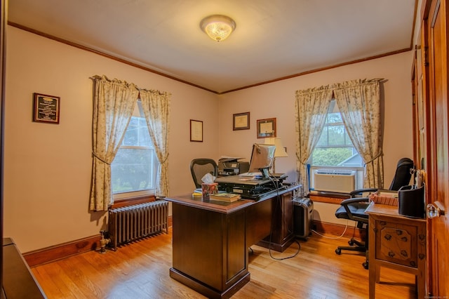 23 E St, Stafford, CT 06076 - office space featuring radiator heating unit, crown molding, light wood-style flooring, and cooling unit