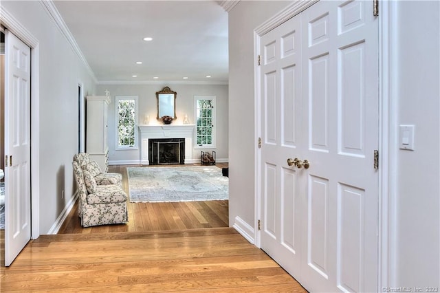 30 Soundview Farm Rd, Weston, CT 06883 - corridor featuring light wood-type flooring, ornamental molding, and recessed lighting
